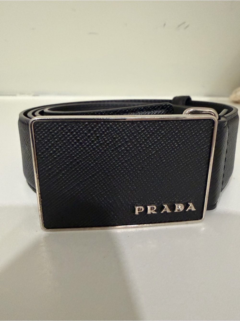 Prada Black Saffiano Leather Plaque Belt with Silver-Tone Trim
